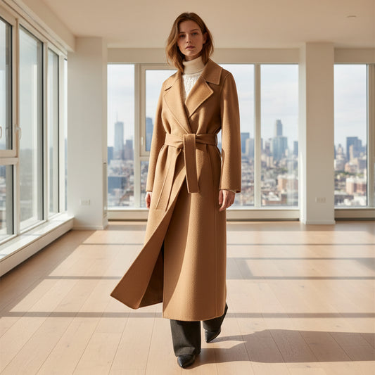 SaneShoppe - 2025 Autumn 100% Wool Coats With Belt Fashion Open Stitch Elegant Woolen Cashmere Coat Veste Femme Tops