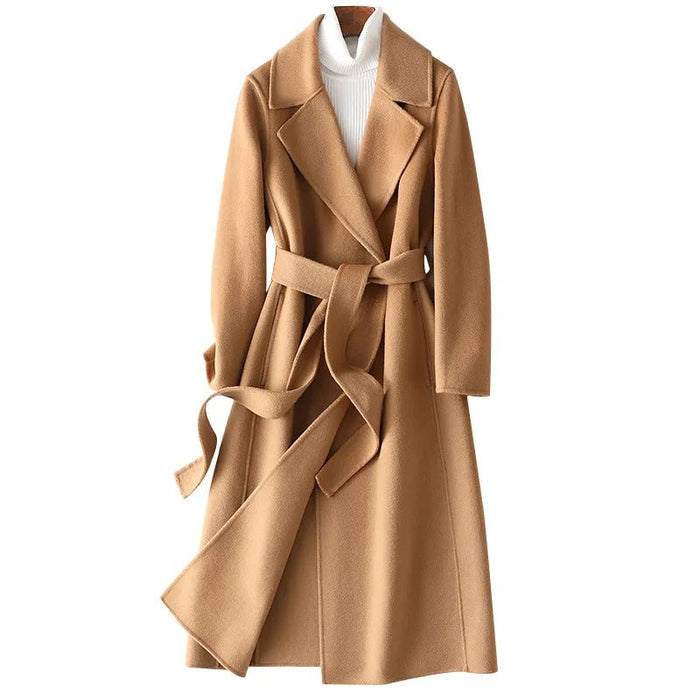 SaneShoppe - 2025 Autumn 100% Wool Coats With Belt Fashion Open Stitch Elegant Woolen Cashmere Coat Veste Femme Tops