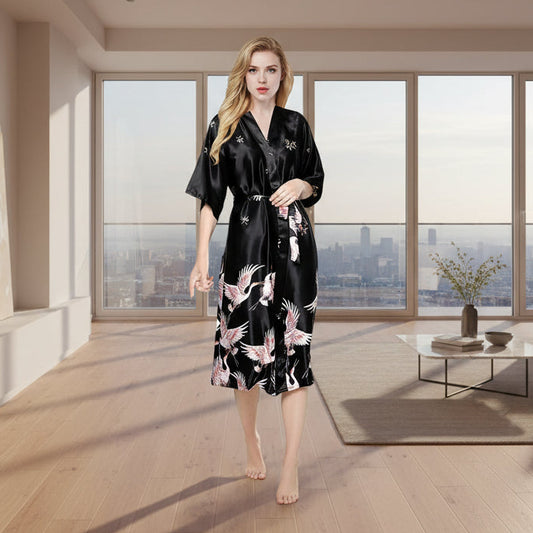 SaneShoppe - Black Satin Kimono Women's Wedding Robe Gown Sexy Flower M - 3XL