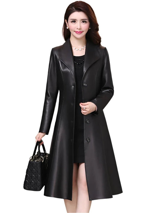 SaneShoppe - Elegant Nerazzurri Women's Faux Leather Jacket Long Black Soft Slim Fit Long Sleeve Button - Up for Spring and Autumn