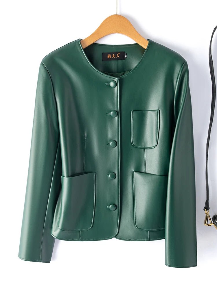 SaneShoppe - Faionable ort Genuine Leather Jaet Women's round Ne Single Button eepskin Biker Jaet Slimming Sli Outerwear