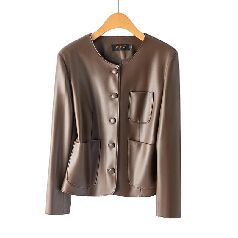 SaneShoppe - Faionable ort Genuine Leather Jaet Women's round Ne Single Button eepskin Biker Jaet Slimming Sli Outerwear