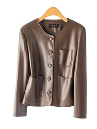 SaneShoppe - Faionable ort Genuine Leather Jaet Women's round Ne Single Button eepskin Biker Jaet Slimming Sli Outerwear