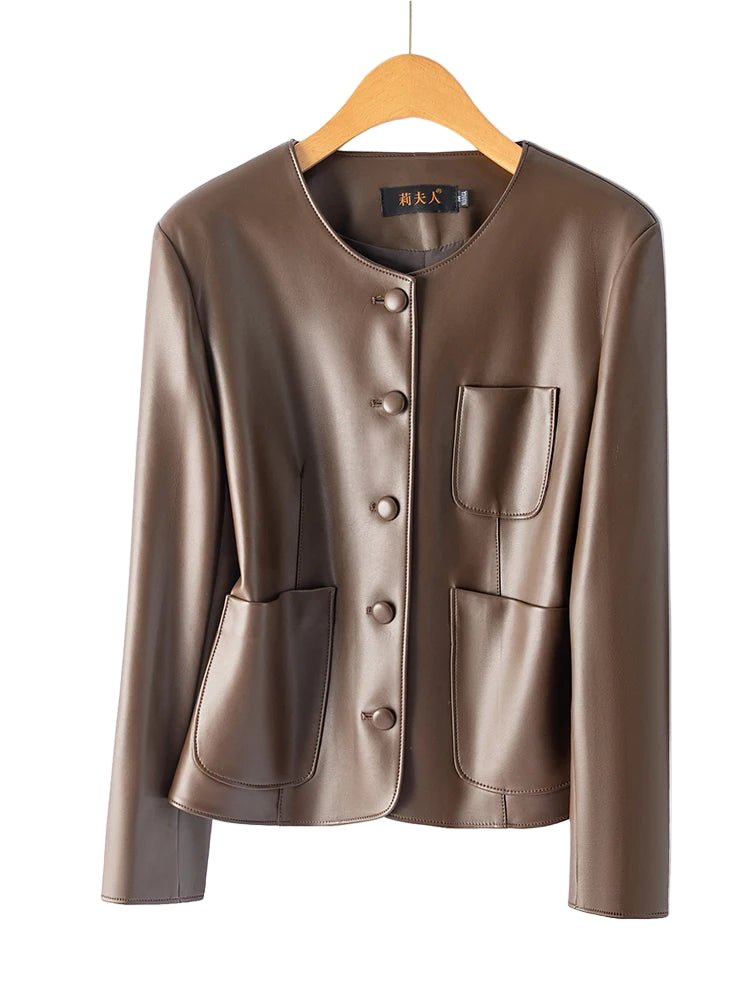 SaneShoppe - Faionable ort Genuine Leather Jaet Women's round Ne Single Button eepskin Biker Jaet Slimming Sli Outerwear