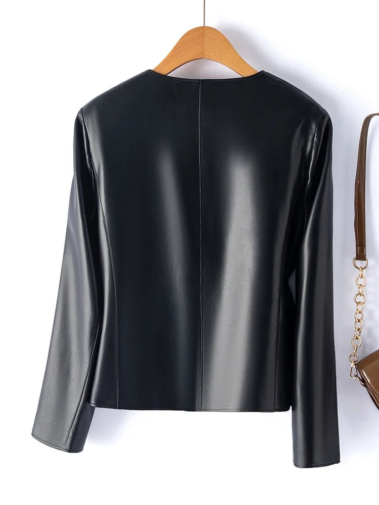 SaneShoppe - Faionable ort Genuine Leather Jaet Women's round Ne Single Button eepskin Biker Jaet Slimming Sli Outerwear