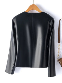 SaneShoppe - Faionable ort Genuine Leather Jaet Women's round Ne Single Button eepskin Biker Jaet Slimming Sli Outerwear