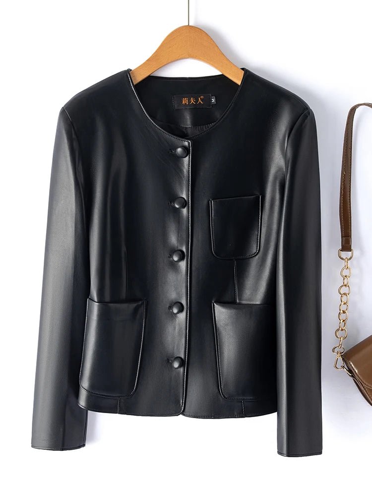 SaneShoppe - Faionable ort Genuine Leather Jaet Women's round Ne Single Button eepskin Biker Jaet Slimming Sli Outerwear