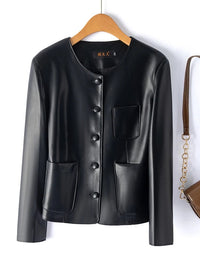 SaneShoppe - Faionable ort Genuine Leather Jaet Women's round Ne Single Button eepskin Biker Jaet Slimming Sli Outerwear