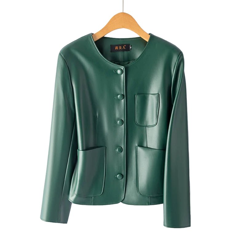 SaneShoppe - Faionable ort Genuine Leather Jaet Women's round Ne Single Button eepskin Biker Jaet Slimming Sli Outerwear