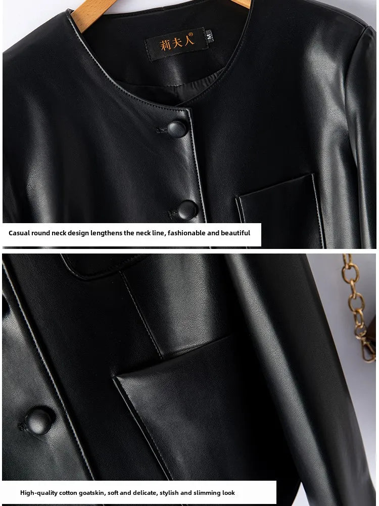 SaneShoppe - Faionable ort Genuine Leather Jaet Women's round Ne Single Button eepskin Biker Jaet Slimming Sli Outerwear