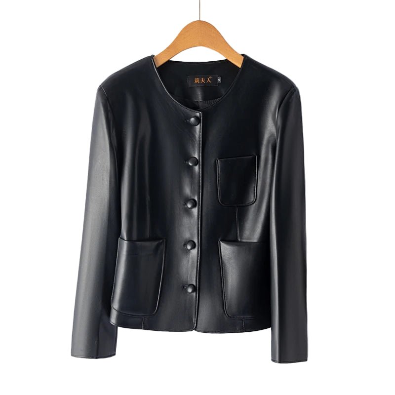 SaneShoppe - Faionable ort Genuine Leather Jaet Women's round Ne Single Button eepskin Biker Jaet Slimming Sli Outerwear