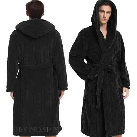 SaneShoppe - Jacquard Flannel Men Robe Plush Coral Fleece Hooded Bathrobe Gown.