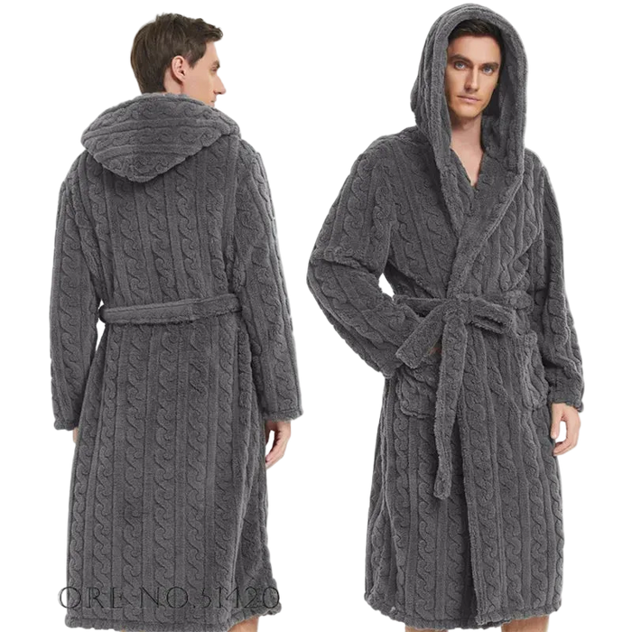 SaneShoppe - Jacquard Flannel Men Robe Plush Coral Fleece Hooded Bathrobe Gown.