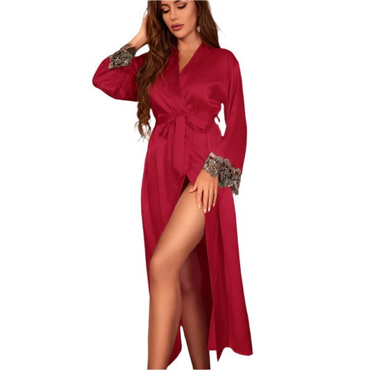 SaneShoppe - Long Twinset Robe Set with Lace Trim Nightdress, Satin Home Wear