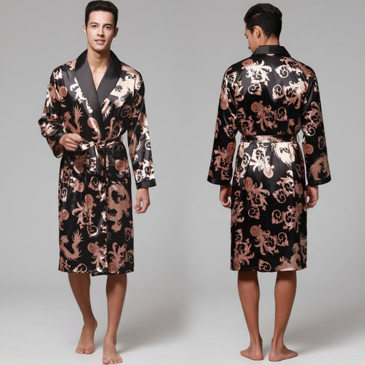 SaneShoppe - Men's Satin Pajama Set: Ice Silk Shirt & Pants Long Sleeve Bathrobe with Pocket