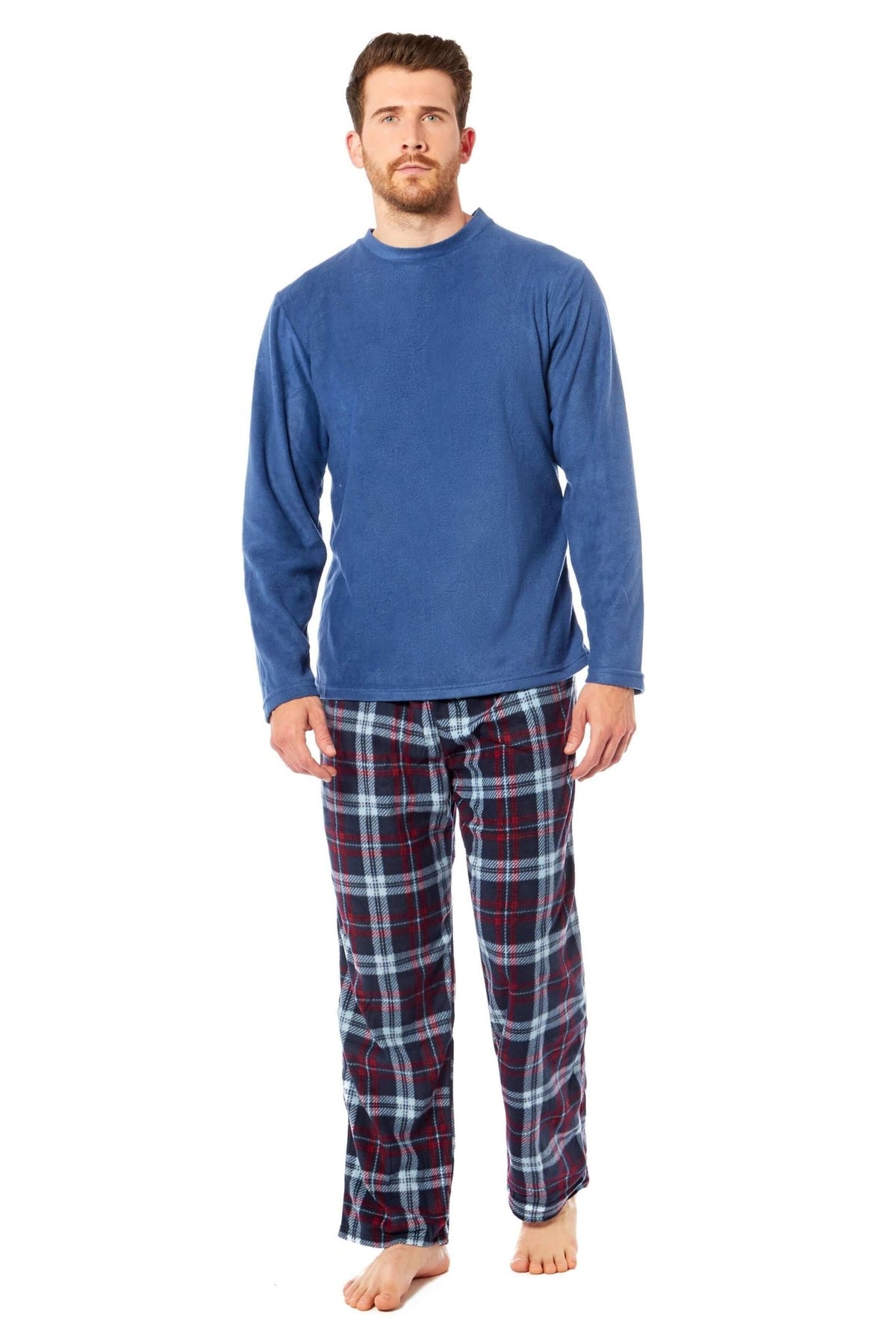 SaneShoppe - Men's Thermal Fleece Pyjama Set with Stylish Check Pants Soft Warm Loungewear PJs for Winter Perfect for Sleeping and Lounging