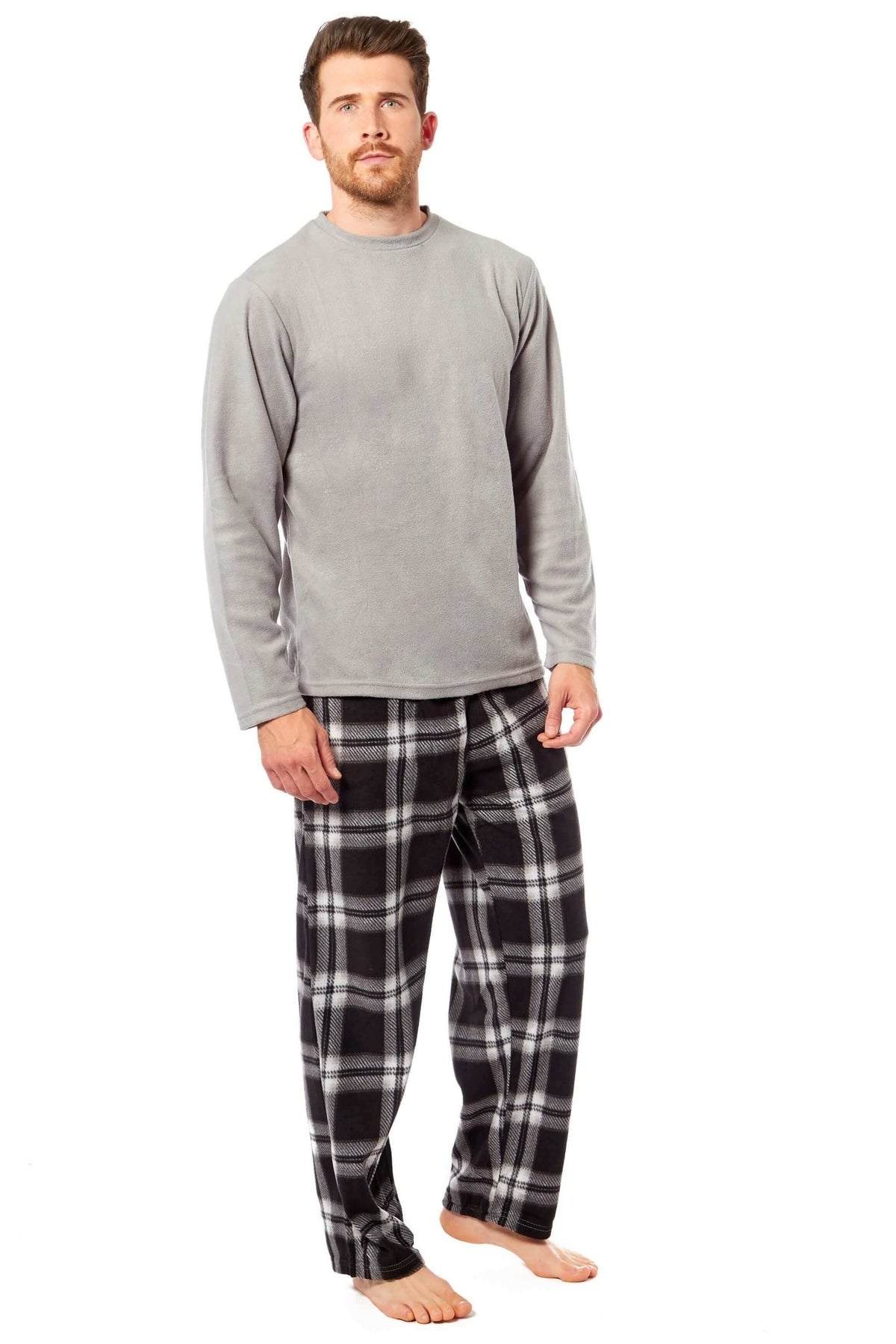 SaneShoppe - Men's Thermal Fleece Pyjama Set with Stylish Check Pants Soft Warm Loungewear PJs for Winter Perfect for Sleeping and Lounging