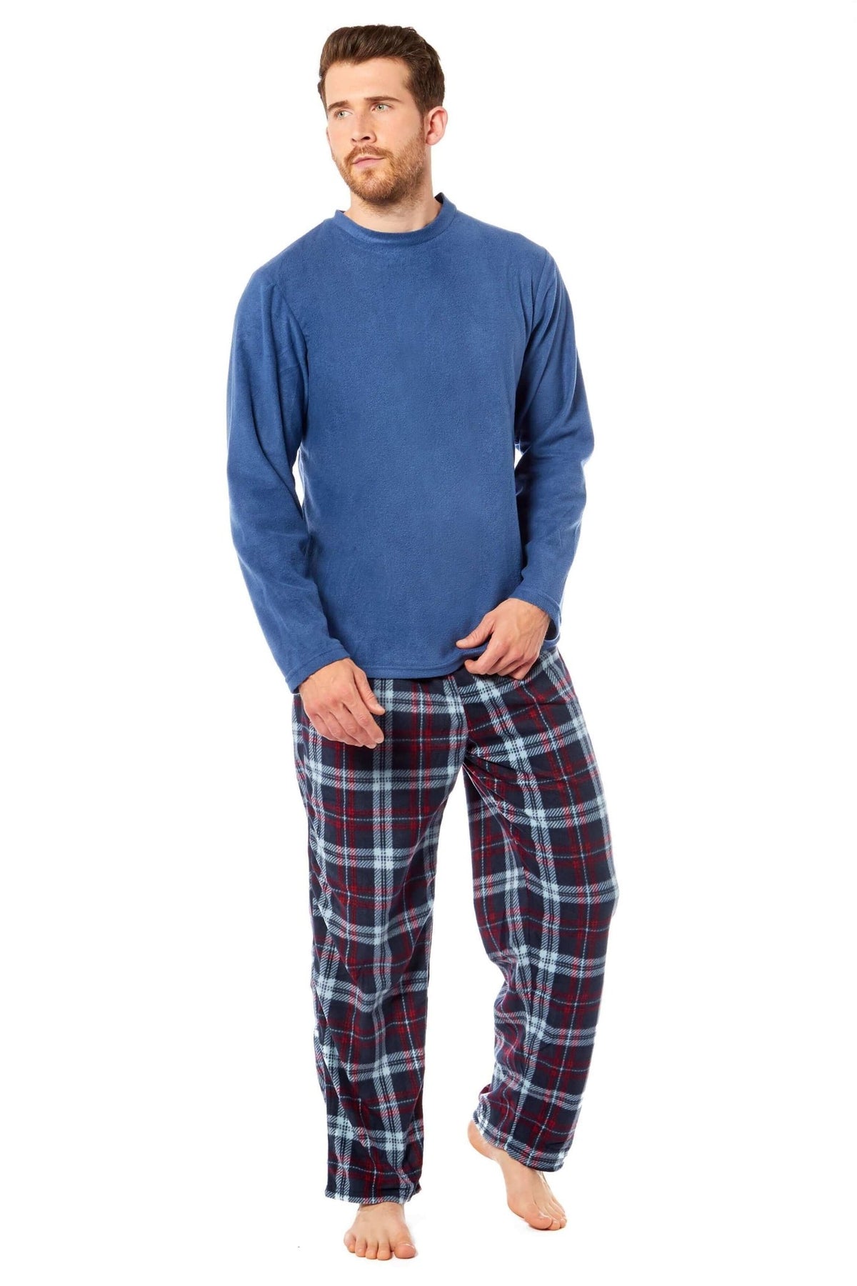 SaneShoppe - Men's Thermal Fleece Pyjama Set with Stylish Check Pants Soft Warm Loungewear PJs for Winter Perfect for Sleeping and Lounging