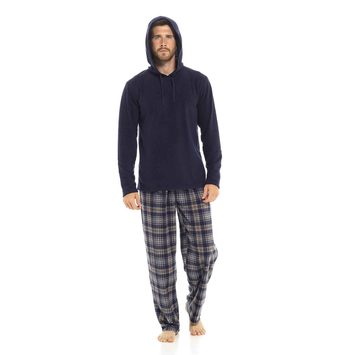 SaneShoppe - Men's Winter Hooded Check Fleece Pyjama Set Warm Cozy Nightwear with Stylish Check Bottoms