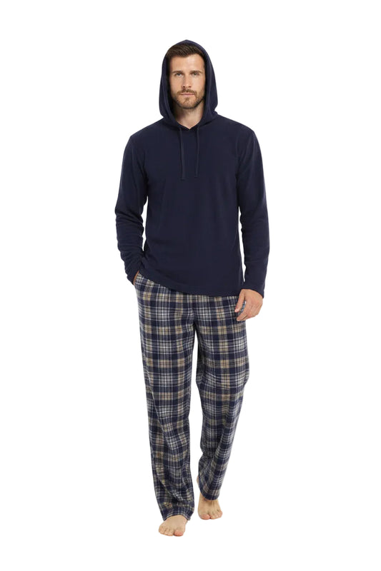 SaneShoppe - Men's Winter Hooded Check Fleece Pyjama Set Warm Cozy Nightwear with Stylish Check Bottoms