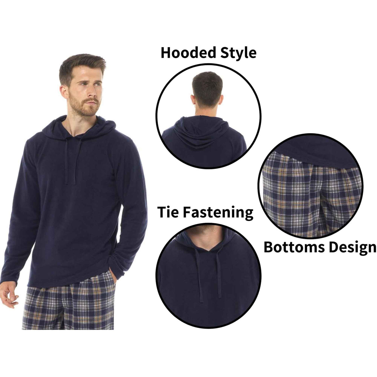 SaneShoppe - Men's Winter Hooded Check Fleece Pyjama Set Warm Cozy Nightwear with Stylish Check Bottoms