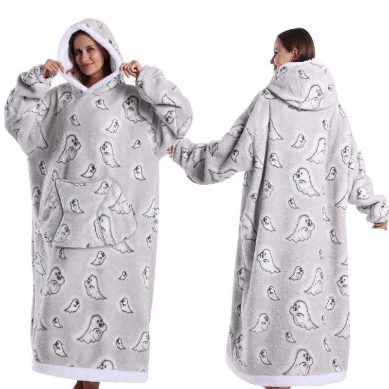 SaneShoppe New Oversized Hoodies 2025 Super Long Hooded Blanket with Sleeves Women Men Pullover Fleece Giant TV Blanket Halloween Clothes