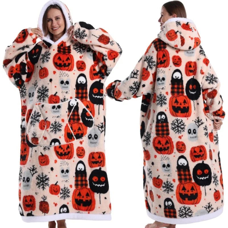 SaneShoppe - 2025 Super Long Hooded Blanket Oversized Hoodie with Sleeves - Halloween Edition