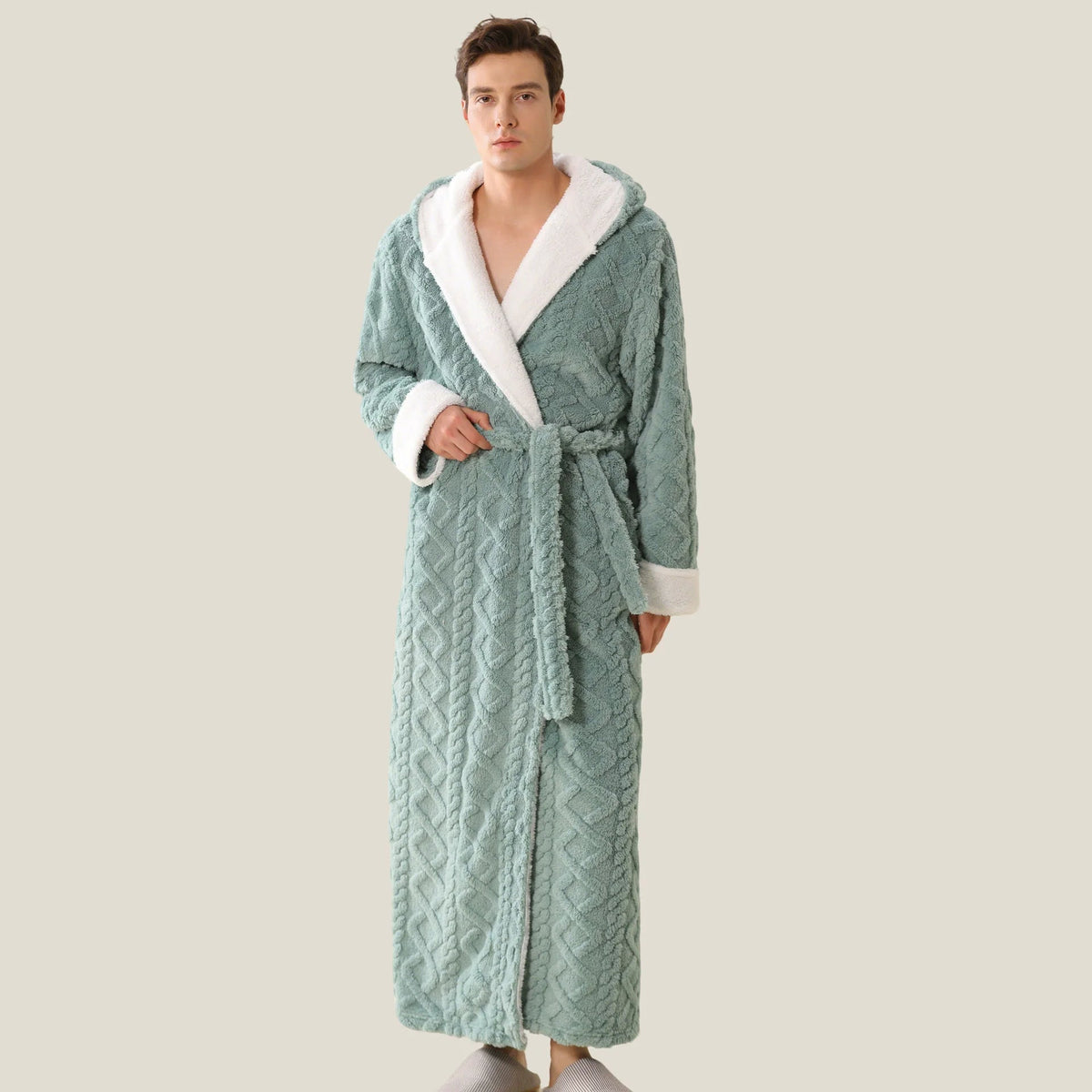 SaneShoppe - Warm Hooded Flannel Robe Men's Lounge Wear Kimono Gown