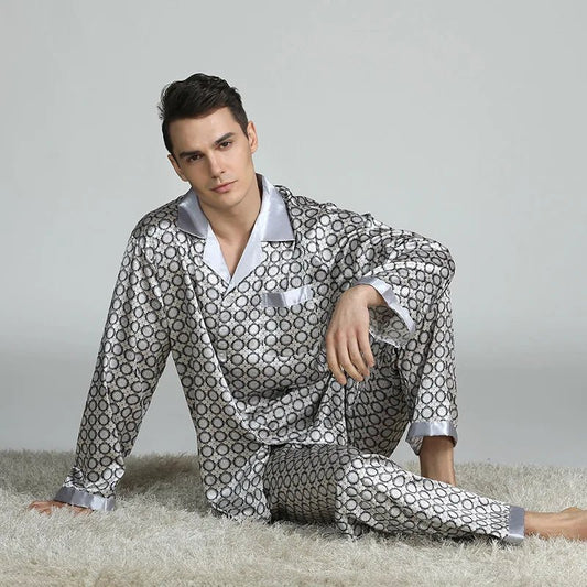 SaneShoppe - PLUS SIZE Men's Pajamas 2PCS Set Long Sleeve Loose Print Silk Satin Lounge Wear