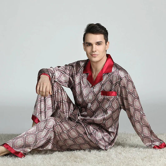 SaneShoppe - PLUS SIZE Men's Pajamas 2PCS Set Long Sleeve Loose Print Silk Satin Lounge Wear
