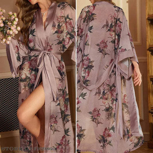 SaneShoppe - Plus Size Women's Satin Long Robe Gown Sleepwear, Flower Print Kimono Bathrobe