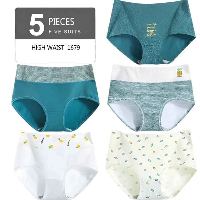 SaneShoppe - Set of 5 High Waist Cotton Panties: Women's Breathable Comfort Briefs