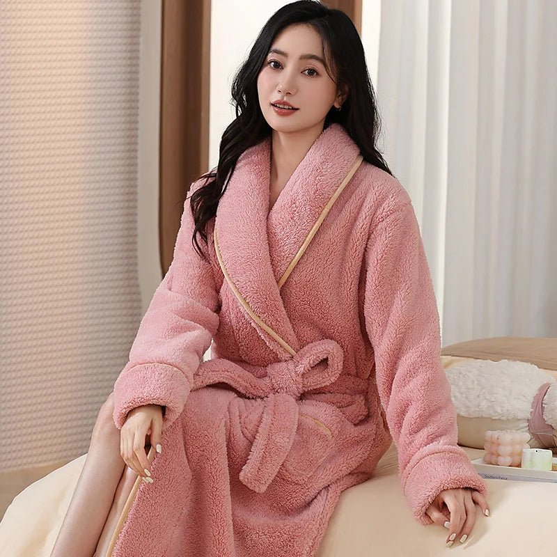 SaneShoppe - Winter Warm Coral Fleece Robe - Women's Plus Size, Cozy Home Clothing