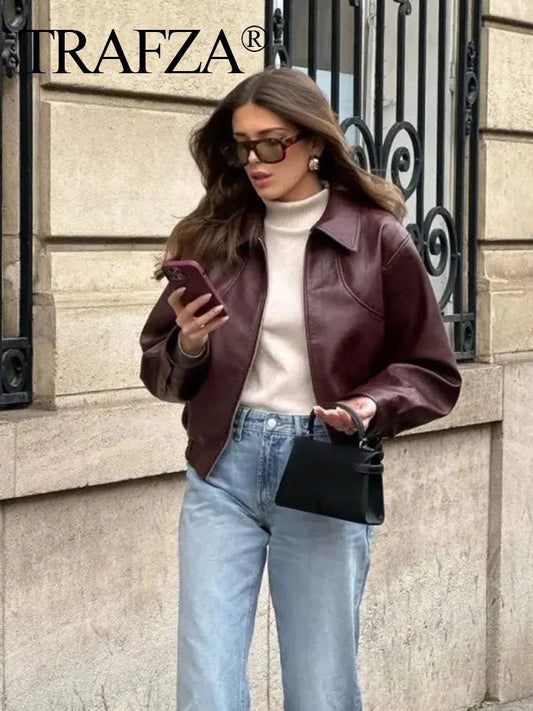 SaneShoppe - TRAFZA Vintage Women's Bomber Jacket Long Sleeves Lapel Loose Zipper Short Coat for Autumn