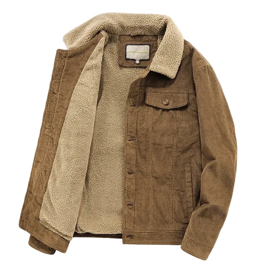 SaneShoppe - Vintage Khaki Corduroy Men's Winter Jacket Thickened Fleece - lined Warm Parka with Retro Hunting Fur Collar Windproof Coat