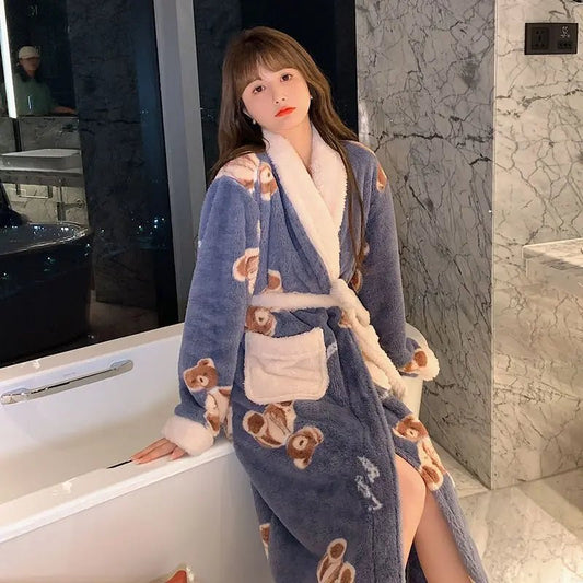 SaneShoppe Fleece Bathrobe Dressing Gown Women Robe Cozy Night Sleepwear Plus Size