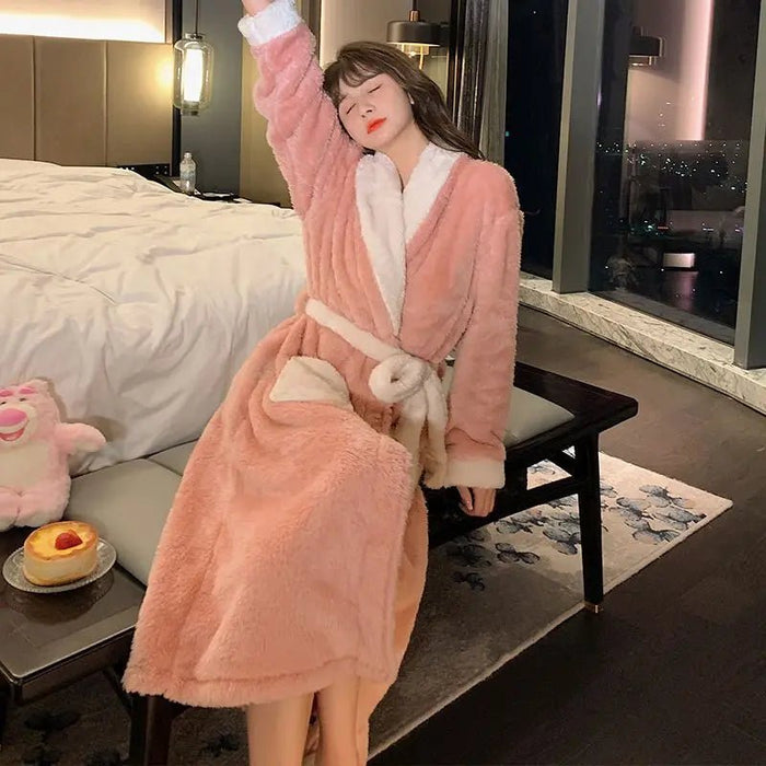 SaneShoppe - Fleece Bathrobe Dressing Gown Women Robe Cozy Night Sleepwear Plus Size