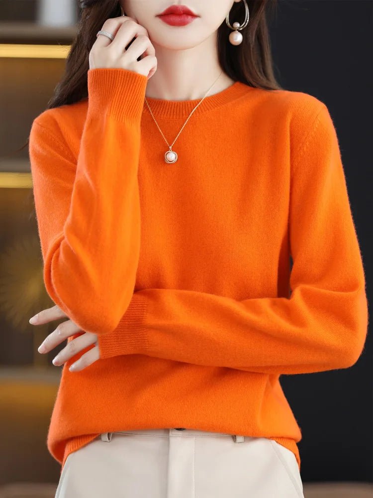 SaneShoppe - Women 100% Merino Wool Sweater O - Neck Long Sleeve Cashmere Knitwear Pullover Aliselect Fashion Autumn Winter Clothing Tops
