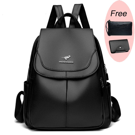 SaneShoppe - Women Large Capacity Backpack High Quality Leather Female Vintage Bag School Bags Travel Bagpack Ladies Bookbag Rucksack Purses
