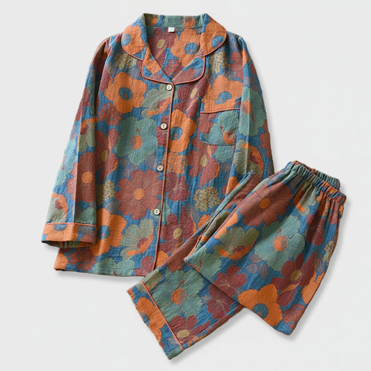 SaneShoppe - Women's Pajama Set Yarn - Dyed Jacquard 100% Cotton Vintage Long 2 Piece Set.
