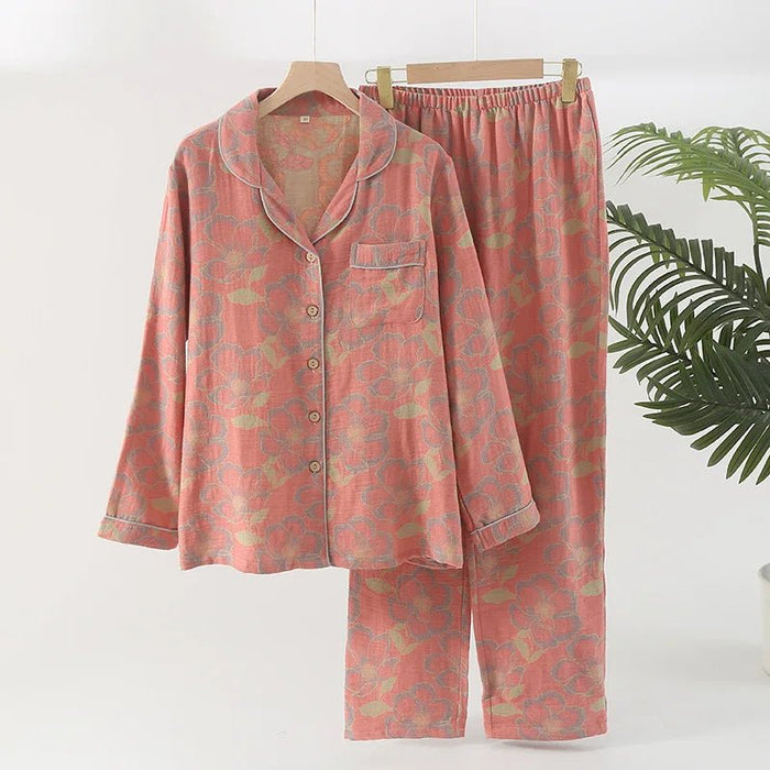 SaneShoppe - Women's Pajama Set Yarn - Dyed Jacquard 100% Cotton Vintage Long 2 Piece Set.