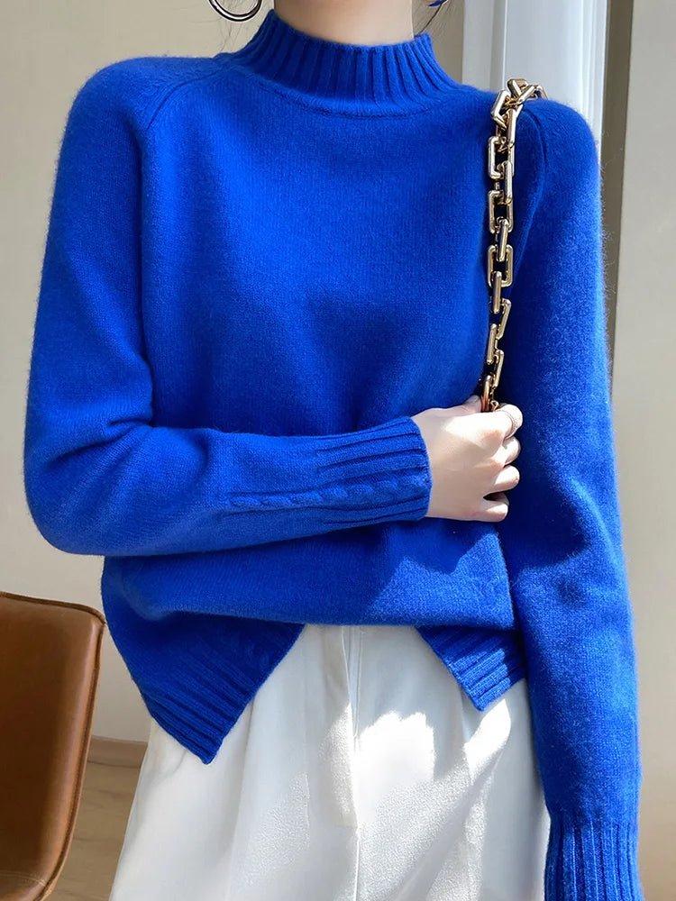 SaneShoppe - Women’s Wool Sweater Mock Neck Pullover Cashmere Raglan Sleeve Thick Loose Autumn Winter 100% Merino Wool Knitwear Warm Tops