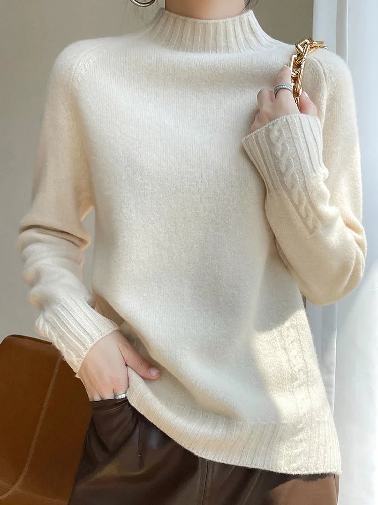 SaneShoppe - Women’s Wool Sweater Mock Neck Pullover Cashmere Raglan Sleeve Thick Loose Autumn Winter 100% Merino Wool Knitwear Warm Tops