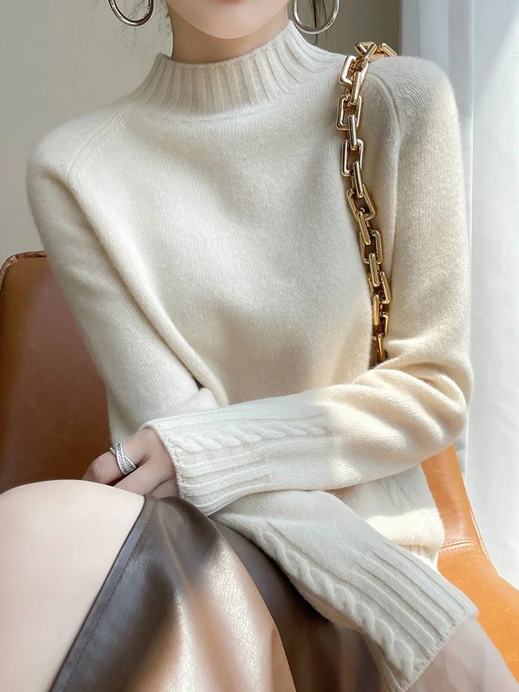 SaneShoppe - Women’s Wool Sweater Mock Neck Pullover Cashmere Raglan Sleeve Thick Loose Autumn Winter 100% Merino Wool Knitwear Warm Tops