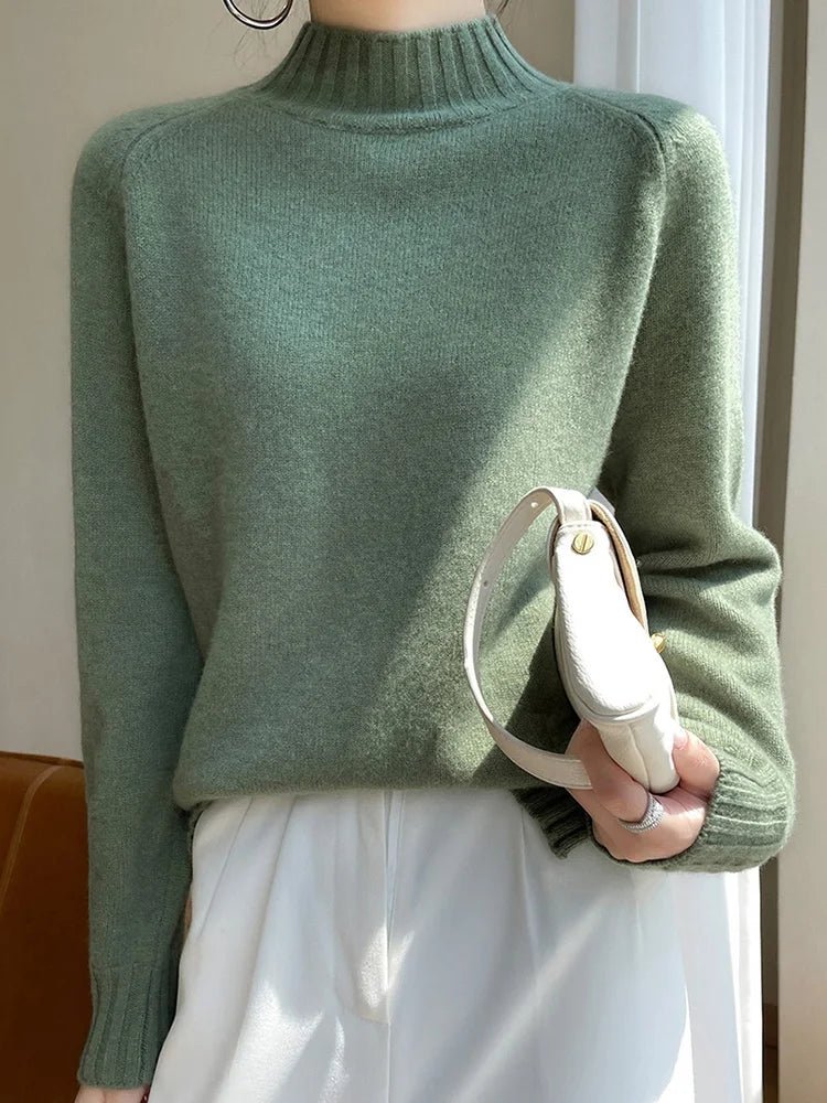 SaneShoppe - Women’s Wool Sweater Mock Neck Pullover Cashmere Raglan Sleeve Thick Loose Autumn Winter 100% Merino Wool Knitwear Warm Tops