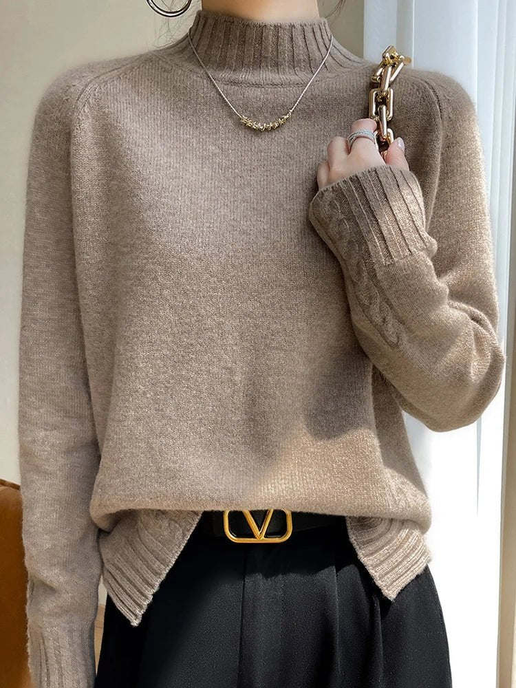 SaneShoppe - Women’s Wool Sweater Mock Neck Pullover Cashmere Raglan Sleeve Thick Loose Autumn Winter 100% Merino Wool Knitwear Warm Tops