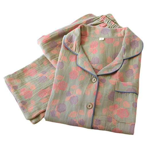 SaneShoppe - 100% Cotton Women's Yarn - Dyed Jacquard Pyjamas, Long - Sleeved 2 - piece Set.