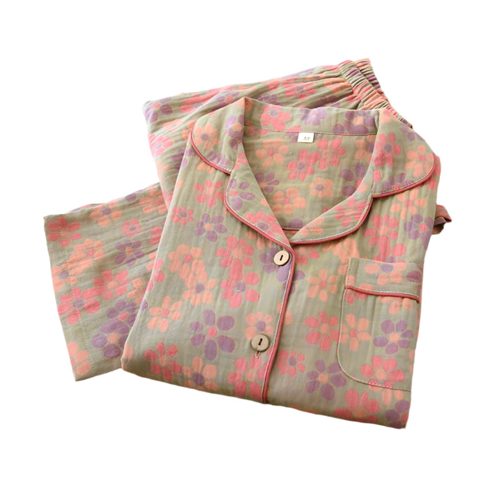 SaneShoppe 100% Cotton Women's Yarn - Dyed Jacquard Pyjamas, Long - Sleeved 2 - piece Set.