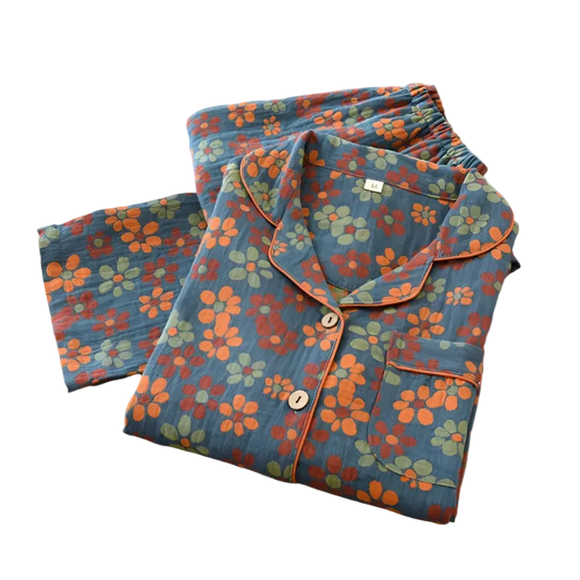 SaneShoppe - 100% Cotton Women's Yarn - Dyed Jacquard Pyjamas, Long - Sleeved 2 - piece Set.