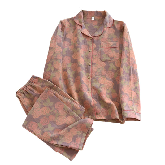 SaneShoppe - 100% Cotton Women's Yarn - Dyed Jacquard Pyjamas, Long - Sleeved 2 - piece Set.